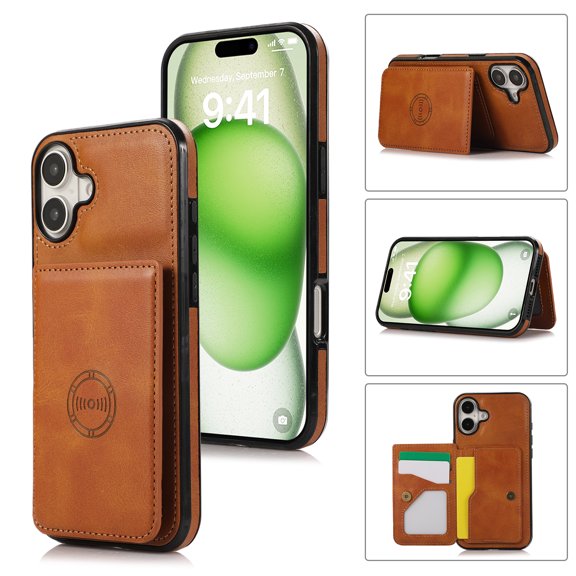 for iPhone 16, Classic PU Leather Case with Magnetic Clasp Card Slots Stand Function Durable Shockproof Soft TPU Phone Case Back Cover with Car Magnetic for iPhone 16, Yellow