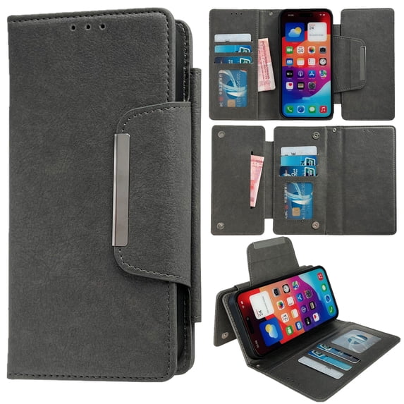 for iPhone 16 Classic PU Leather Case, Shockproof Detachable Magnetic Inner Case Flip Wallet Kickstand Rugged Full Body Protection Card Slots Cover for iPhone 16, Gray