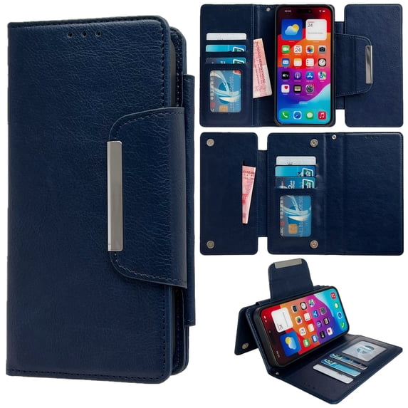 for iPhone 16 Classic PU Leather Case, Shockproof Detachable Magnetic Inner Case Flip Wallet Kickstand Rugged Full Body Protection Card Slots Cover for iPhone 16, Darkblue