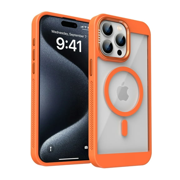 for iPhone 16 Clear Case with Magnetic Ring, Mesh Breathable Heat Dissipation Hole Slim Phone Case, Military Grade Protection Non-Yellowing Transparent Cover for iPhone 16, Orange
