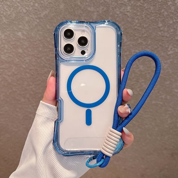 for iPhone 16 Clear Case with Wrist Strap, [Compatible with Mag-Safe] [Anti-Yellowing Transparent] [Military-Grade Protection] Shockproof Slim Magnetic Case for iPhone 16, Darkblue