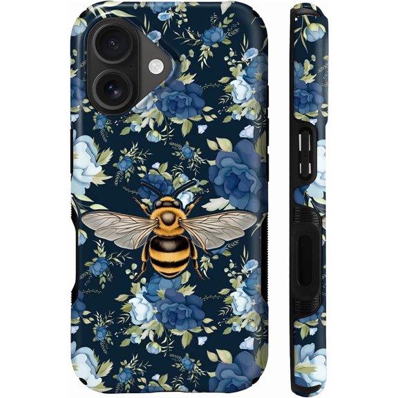 for iPhone 16 Compatible with Magsafe Full Body Case Screen Lens Protection Magnetic Ring for Girl Boy Cute Pattern Exquisite Retro Blue Floral Cute Bee