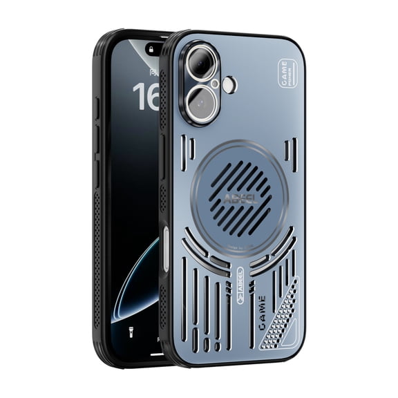 for iPhone 16 Cooling Case, Magnetic Heat Dissipation Phone Case Breathable Cooling Hollow Hole Cover Support Wireless Charging Shockproof Drop Protective Phone Case, with Lens Protector, Blue