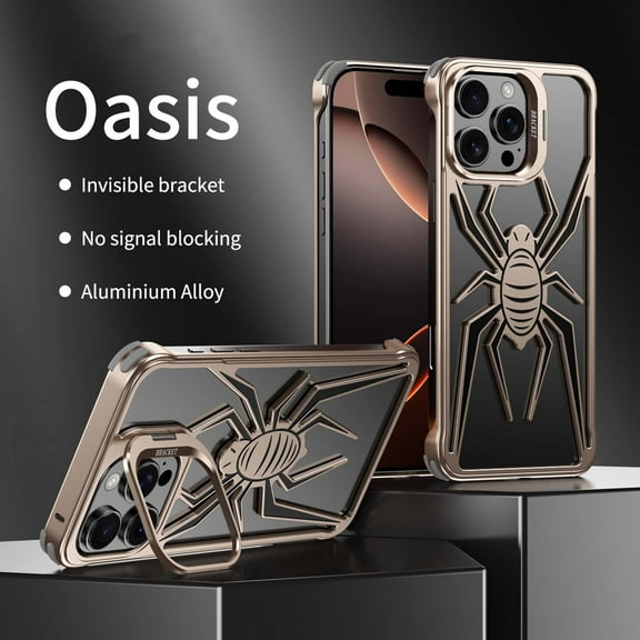For iPhone 16 Cover Breathable Heat Dissipation Protective Shockproof Back Case Cool Spider Pattern Metal Bracket[Hidden Kickstand] Slim Borderless Phone Case for iPhone 16,Gold+Black