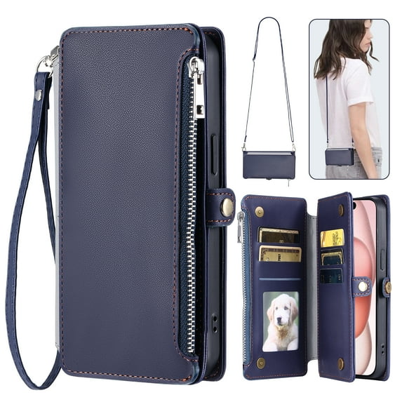 For iPhone 16 Crossbody/Shoulder Strap Case Wallet Card Holder RFID Blocking Magnetic Closure PU Leather Flip with Wrist Strap Zipper Credit Card Slots Shockproof Cover, Darkblue