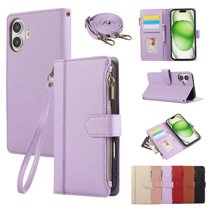 for iPhone 16 Crossbody Wallet Case with Card Holder, Zipper Pouch PU Leather Long Shoulder & Lanyard Strap Magnetic Closure Flip Kickstand Cover for iPhone 16,Purple