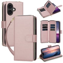 for iPhone 16 Crossbody Wallet Case with Card Holders Zipper Pocket for Women Girls, Shockproof Protective PU Leather Cover with Shoulder Strap & Hand Strap for iPhone 16, Rosegold