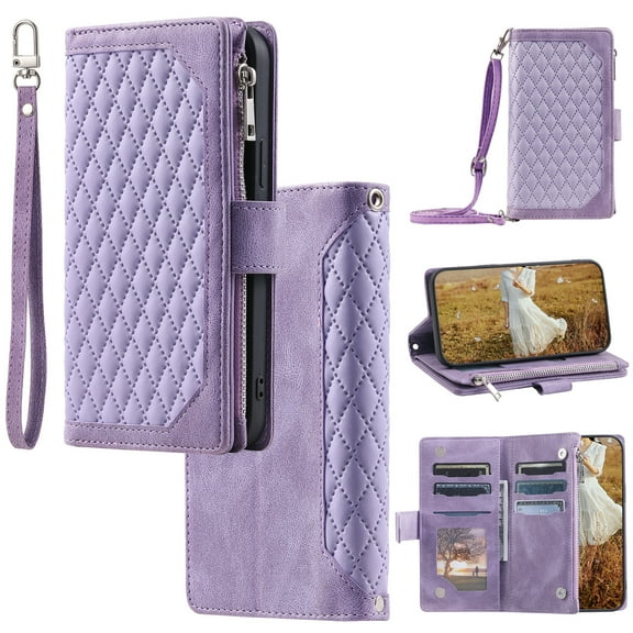 for iPhone 16 Crossbody Wallet Case Flip Stand PU Leather RFID Blocking Card Slots Shockproof Magnetic Closure Zipper Pocket with Detachable Hand Strap&Shoulder Strap Cover, Purple