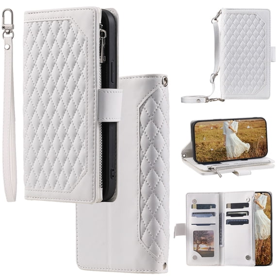 for iPhone 16 Crossbody Wallet Case Flip Stand PU Leather RFID Blocking Card Slots Shockproof Magnetic Closure Zipper Pocket with Detachable Hand Strap&Shoulder Strap Cover, White