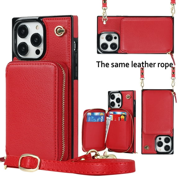 iPhone 16 Crossbody Wallet Case, Zipper Pocket Phone Case Cross Body Strap with RFID Blocking Carring Bag Credit Card Premium Leather Kickstand Shockproof Case For iPhone 16, Red
