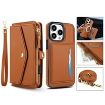 For iPhone 16 Crossbody Wallet Phone Case,Magnetic Detachable Flip,With Shoulder Strap&Wrist Strap,Zipper Pocket,Card&Cash Slots,PU Leather Shockproof Rugged Phone Case,Brown