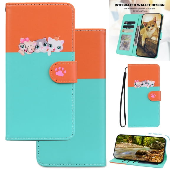 For iPhone 16 Cute Animal Pattern Wallet Case,Color Matching Premium PU Leather Shockproof Magnetic Flip Kickstand Credit Card Slots Slim Phone Case with Wrist Strap, Skyblue