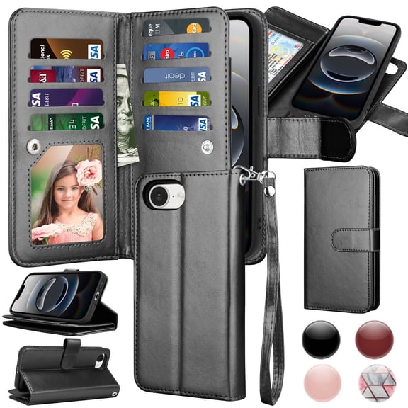 iPhone 16 E 2025 Case,for iPhone 16 E 6.1" Wallet Phone Case,Takfox PU Leather Magnetic Detachable Card Holders Shockproof Kickstand Protective [Flip Folio Cover] for iPhone 16 SE4 - Black