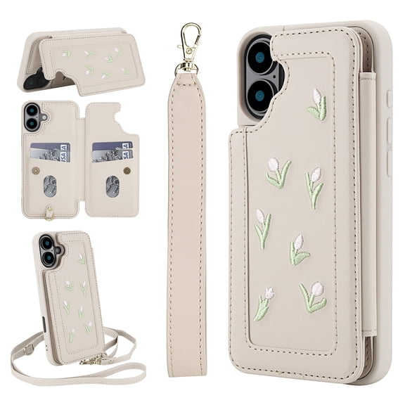 for iPhone 16 Floral Pattern Wallet Case, Magnetic Snap PU Leather Credit Card Holder Stand Wrist Shoulder Strap Flip Cover, for iPhone 16 Protective Case for Girls Women, White