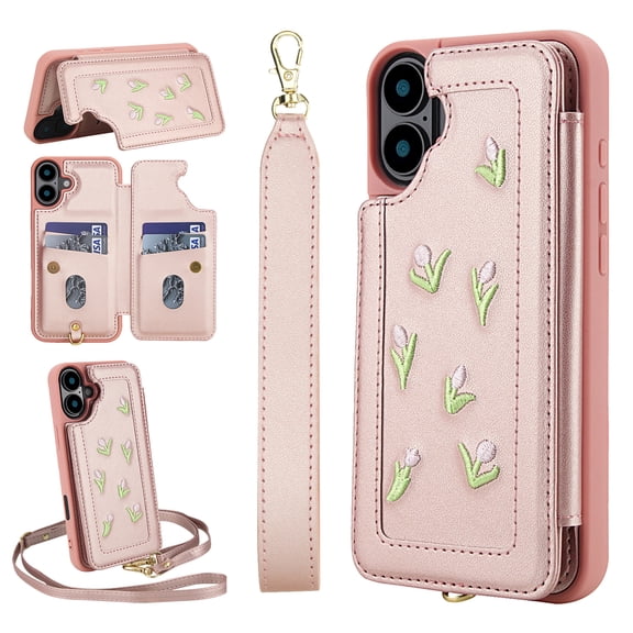 for iPhone 16 Floral Pattern Wallet Case, Magnetic Snap PU Leather Credit Card Holder Stand Wrist Shoulder Strap Flip Cover, for iPhone 16 Protective Case for Girls Women, Rosegold