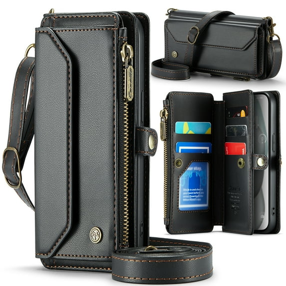 for iPhone 16 Full Body Protection Wallet Folio Flip Case, Shoulder Strap & Wristlet Card Slots Zipper Pocket RFID Blocking Rugged Durable PU Leather Phone Case Cover, Black
