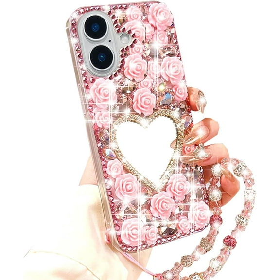 for iPhone 16 Glitter Bling Case,Cute Girly 3D Sparkle Heart Makeup Mirror Crystal Rhinestones Flowers Diamond Gems Pearl with Lanyard Wrist Strap Women Girls Case for iPhone 16 6.1" (Pink)