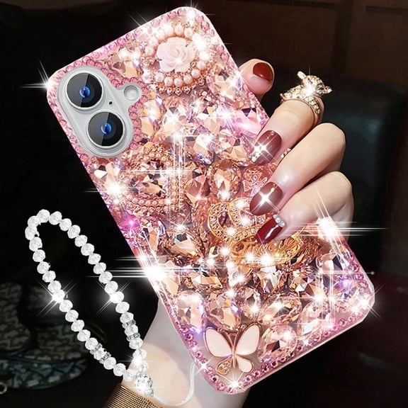 for iPhone 16 Glitter Bling Case,Cute Luxury 3D Sparkle Crown Crystal Rhinestone Diamond Stunning Gemstones Pearl with Lanyard Wrist Strap Women Girls Phone Case for iPhone 16 6.1 Inch (Pink)