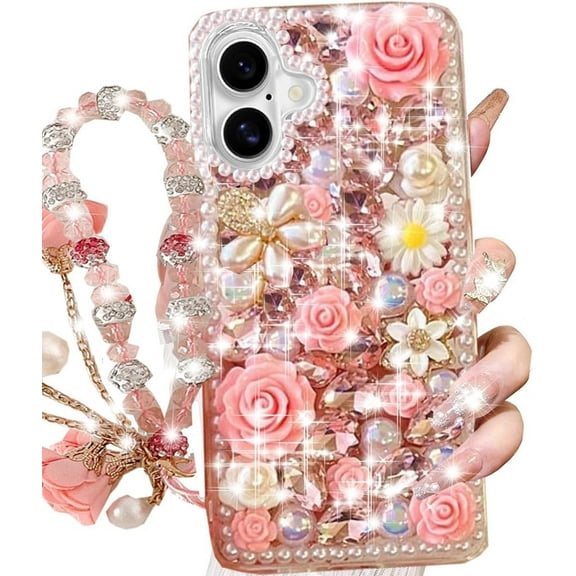 for iPhone 16 Glitter Bling Case,Cute Luxury 3D Sparkle Shiny Crystal Rhinestones Flowers Gems Diamond Pearl with Lanyard Wrist Strap Women Girls Protective Case for iPhone 16 6.1 Inch (Pink)