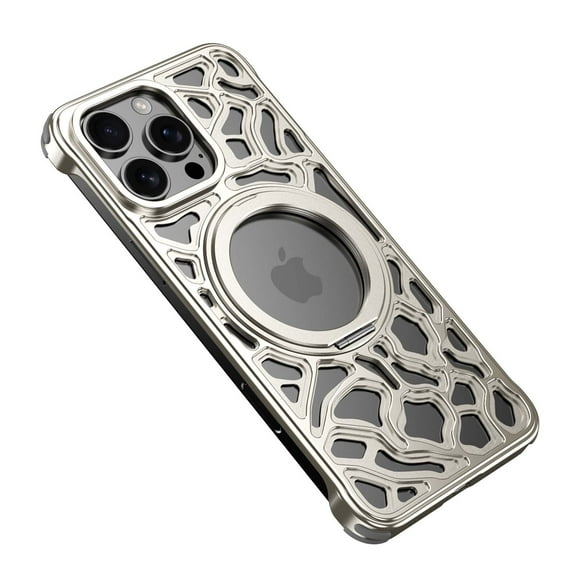 for iPhone 16 Heat Dissipation Case,Frameless Metal with Stand,Irregular Rock Inspired Designing,360°Rotating Ring Kickstand Protective Cover,Slim Shockproof Thin Bumper Case,Titanium