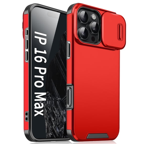 for iPhone 16 Heavy Duty Case with Camera Sliding Cover, Support Wireless Charging Hybrid TPU & PC Smoothly Anti-Fingerprint Slim Case Compatible with iPhone 16, Red
