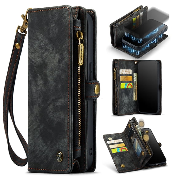 iPhone 16 Leather Detachable Wallet Zipper Case with 8 Card Slots Holder Magnetic case for iPhone 16 Flip Wallet Handle Wrist Strap Shockproof Pocket Handbag,
Black