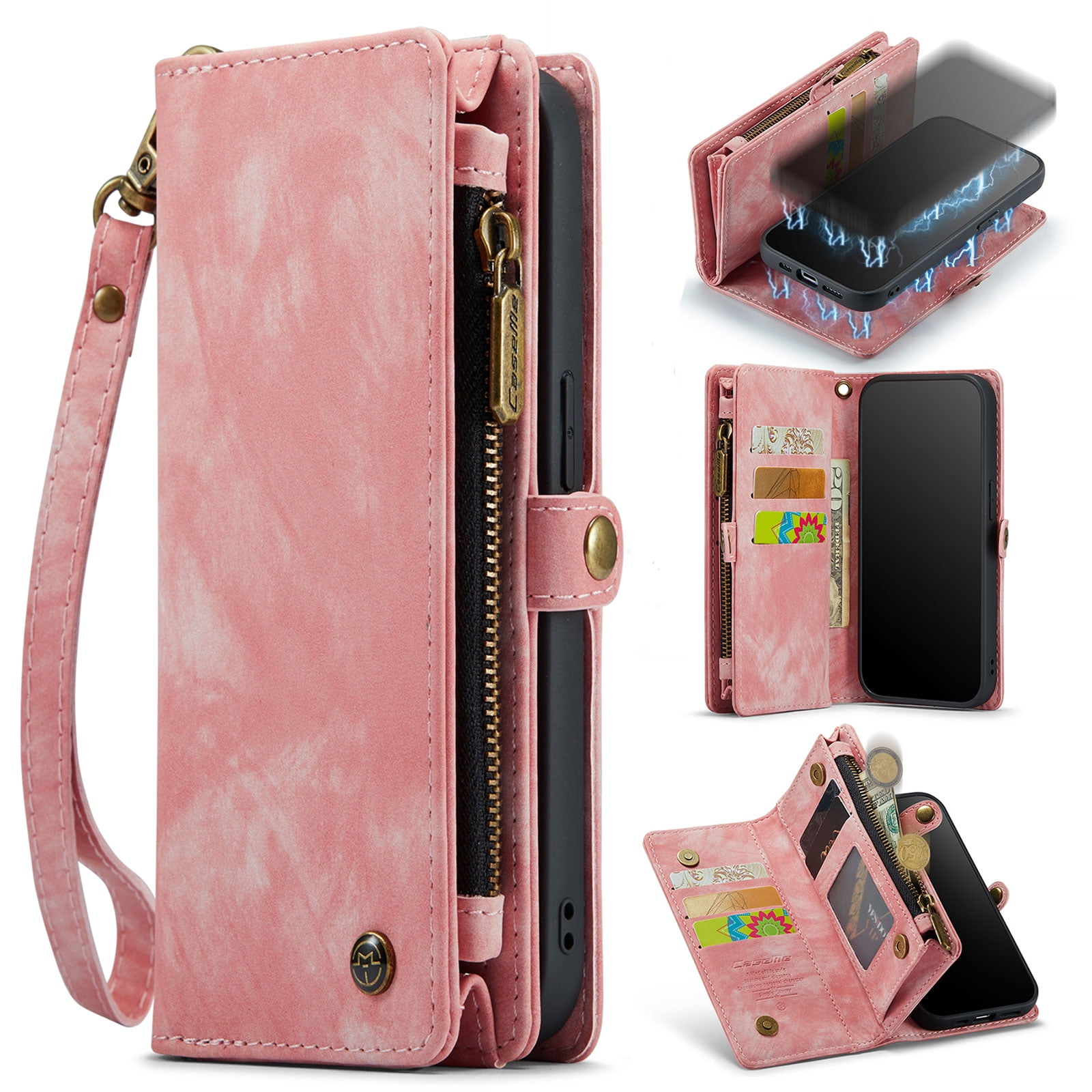 iPhone 16 Leather Detachable Wallet Zipper Case with 8 Card Slots Holder Magnetic case for iPhone 16 Flip Wallet Handle Wrist Strap Shockproof Pocket Handbag,
Pink