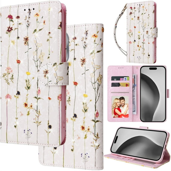 for iPhone 16 Leather Phone Case Wallet Gilding Bronzing Rose Flower Butterfly Folio Flip Cover Kickstand, RFID Blocking Card Holder Cash Slot, Magnetic Clasp, Wrist Strap