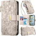thumbnail image 1 of for iPhone 16 Leather Phone Case Zipper Wallet Handbag, Embossed Floral Folio Flip Cover Kickstand, 2 Layer Card Slot Cash Holder, Magnetic Buckle, Shoulder Wrist Strap, 1 of 9