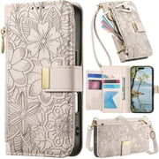 for iPhone 16 Leather Phone Case Zipper Wallet Handbag, Embossed Floral Folio Flip Cover Kickstand, 2 Layer Card Slot Cash Holder, Magnetic Buckle, Shoulder Wri