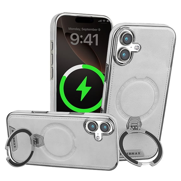 For iPhone 16 Luxury PU Leather Case with Kickstand 360°Rotatable Invisible Magnetic Ring Stand [Compatible with MagSafe] [Wireless Charging] Phone Cover For iPhone 16,Gray