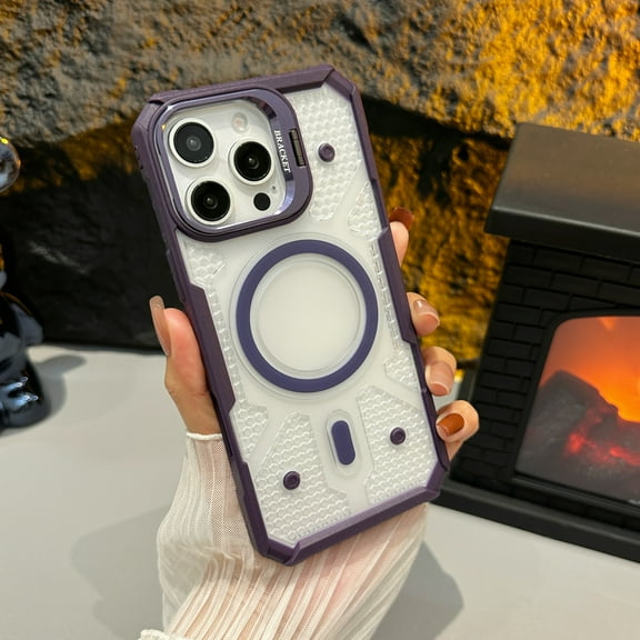 for iPhone 16 Magnetic Case, [Built-in Metal Lens Stand] [Military-Grade Protection] Clear Backplane Shockproof Protective Magnetic Mag-Safe Phone Case for iPhone 16, Darkpurple