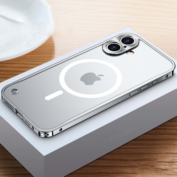 for iPhone 16 Magnetic Case, Compatible with Mag-Safe, Aluminum Alloy Frame Bumper Shockproof Protection, Yellowing Resistant Translucent Magnetic Phone Case for iPhone 16, Silver