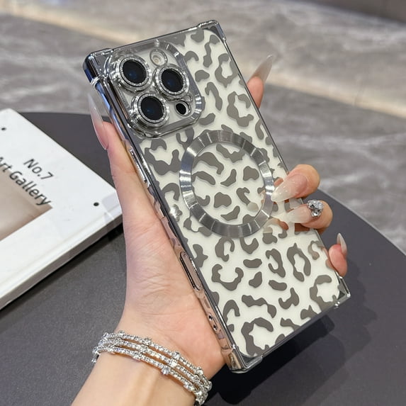 for iPhone 16 Magnetic Case, Luxury Leopard Print Pattern Plating Phone Case with Glitter Bling Lens Circle, Support Wireless Charging, Clear Shockproof Back Cover for Women Girls, Silver