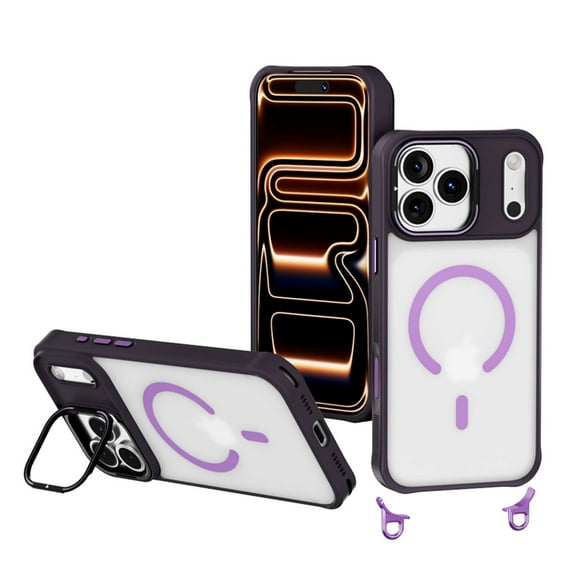 for iPhone 16 Magnetic Case with Stand & 8mm Shoulder Strap, Compatible with Mag-Safe, Crossbody Phone Case with Adjustable Lanyard, Shockproof Hybrid Cover for iPhone 16, Purple