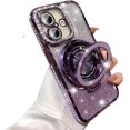 thumbnail image 1 of for iPhone 16 Magnetic Kickstand Case, [Compatible with Magsafe] Bling Glitter Diamond Rhinestone Ring Holder Camera Lens Protector Girly Woman Cute Phone Cover for iPhone 16 6.1" (Purple), 1 of 10