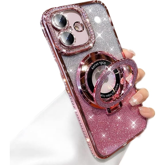 for iPhone 16 Magnetic Kickstand Case, [Compatible with Magsafe] Bling Glitter Diamond Rhinestone Ring Holder Camera Lens Protector Girly Woman Cute Phone Cover for iPhone 16 6.1" (Pink)