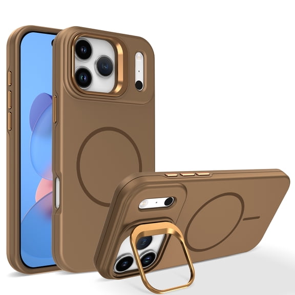 For iPhone 16 Magnetic Phone Case,[Compatible with Mag-Safe],Built-in Contractile Lens Ring Kickstand,Anti-fingerprint Matte SkinFeel Back,Ultra Slim Shockproof Phone Case,Brown
