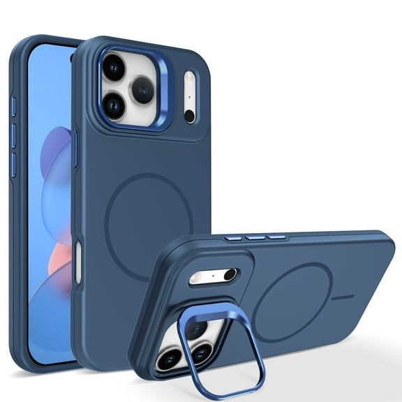 For iPhone 16 Magnetic Phone Case,[Compatible with Mag-Safe],Built-in Contractile Lens Ring Kickstand,Anti-fingerprint Matte SkinFeel Back,Ultra Slim Shockproof Phone Case,Blue