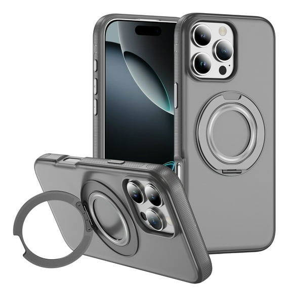 For iPhone 16 Magnetic Phone Case,Compatible with Mag-Safe,With 360°Rotatable Ring Kickstand,Drop Protection,Heavy Duty Shockproof Matte Rugged Translucent Phone Case,Gray