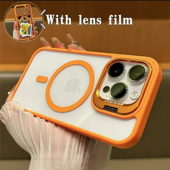 for iPhone 16 Magnetic Phone Case, Compatible with MagSafe, Military-Grade Protective Case, With Lens Flim, Built-in Stash Camera Stand Phone Case, Scratch-Resistant Back Cover,Orange
