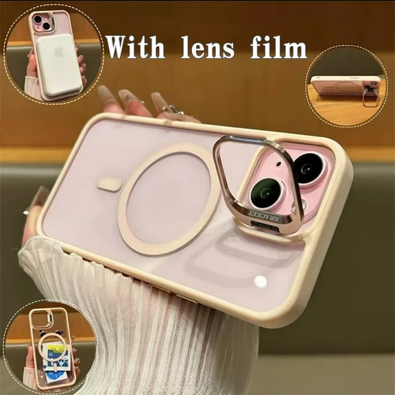 for iPhone 16 Magnetic Phone Case, Compatible with MagSafe, Military-Grade Protective Case, With Lens Flim, Built-in Stash Camera Stand Phone Case, Scratch-Resistant Back Cover,Pink