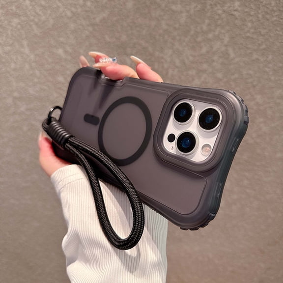 For iPhone 16 Magnetic Phone Case,With Wrist Strap,Compatible with Mag-Safe,3-in-1 Heavy Duty Shockproof Frosted Translucent Rugged Anti-Scratch Anti-Drop Slim Phone Case,Black