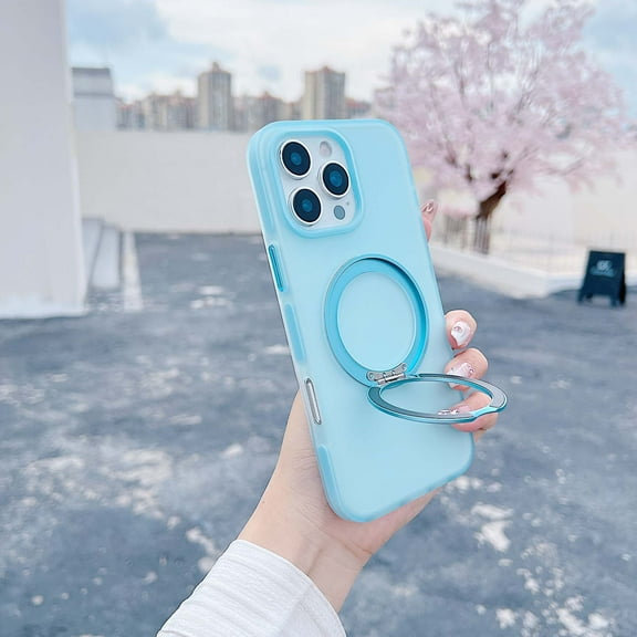 For iPhone 16 Magnteic Phone Case,With Contractile Ring Kickstand,Frosted Matte Skin-feel Back Design,Ultra Slim Shockproof Protection Translucent Thin Fit Rugged Phone Case,Blue