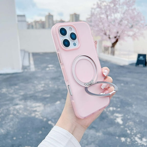 For iPhone 16 Magnteic Phone Case,With Contractile Ring Kickstand,Frosted Matte Skin-feel      Back Design,Ultra Slim Shockproof Protection Translucent Thin Fit Rugged Phone Case,Pink