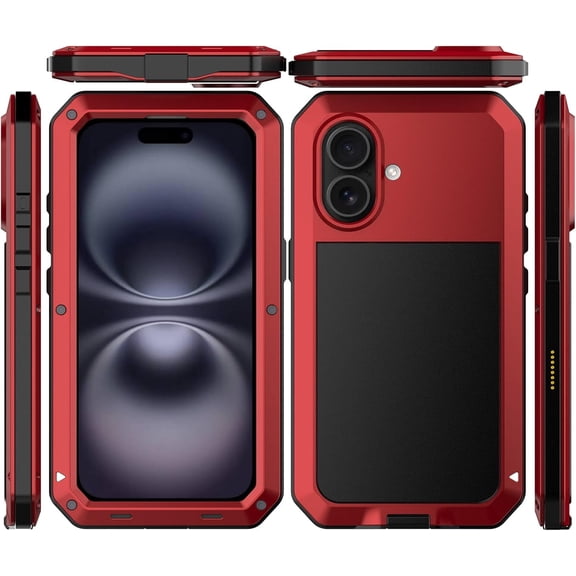 for iPhone 16 Metal Case 6.1",Heavy Duty Shockproof Aluminum Alloy [Tough Armour] Military Grade Phone Case,360 Full Body Protective Cover with Silicone Built-in Screen Protector - Red
