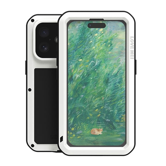 for iPhone 16 Metal + Silicone Case, Heavy Duty Shockproof Rugged Case with Built-in Glass Screen Protector, 360 Full Body Protective Tough Phone Cover for iPhone 16, White