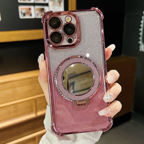 for iPhone 16 with Mirror Kickstand, Glitter Luxury Holder Stand Plated Bling Aesthetic Phone Case Shockproof Protective Women Girls Sparkly Lightweight for iPhone 16 - Pink