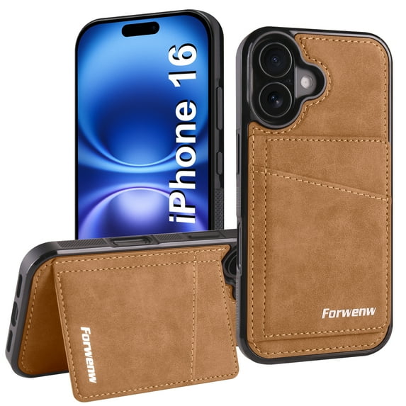 for iPhone 16 PU Leather Case with Card Holder, Flip Wallet Case for Men Women, Classic Durable Protective RFID Blocking Skin Friendly Stand Phone Case for iPhone 16, Brown