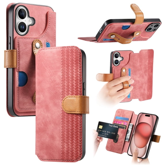 for iPhone 16 PU Leather + TPU Wallet Case, Card Slots Wristband Kickstand RFID Blocking Anti Peeping Magnetic Clasp Full Body Protection Phone Cover for iPhone 16, Pink